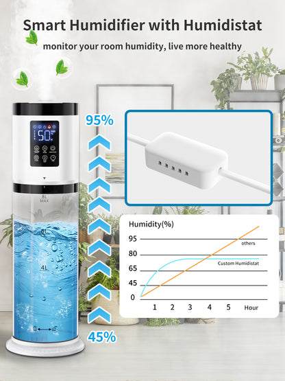 8L Humidifiers for Bedroom, 30dB Quiet, 500ft² Coverage, 60H Runtime, Top Fill, 3-in-1 Humidifier Large Room & Essential Oil Diffuser & Ambient Light, Sleep Mode, 16H Timer, Auto Shutoff Protection