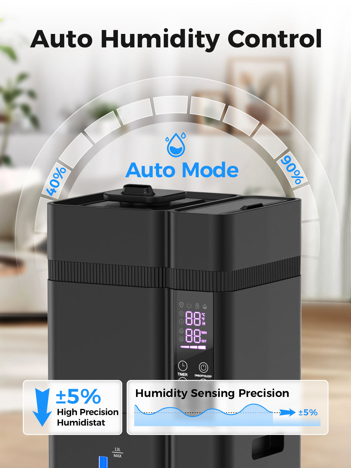 13L/3.43Gal Humidifier Large Room, 800ft² Coverage, 100H Runtime, Auto Humidity Control, Top Fill, Humidifiers for Bedroom, 35dB Quiet, Sleep Mode, Aroma Diffuser, 24H Timer, Auto Shut-off Protection