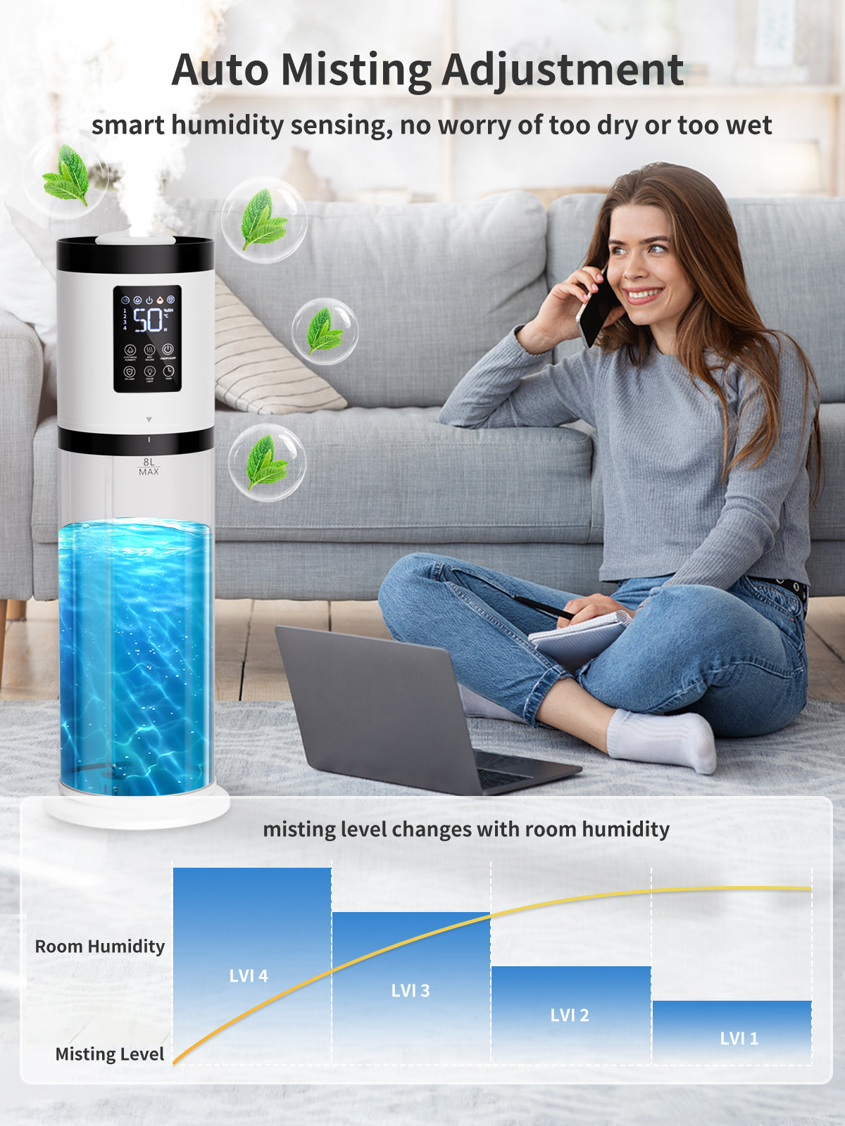 8L Humidifiers for Bedroom, 30dB Quiet, 500ft² Coverage, 60H Runtime, Top Fill, 3-in-1 Humidifier Large Room & Essential Oil Diffuser & Ambient Light, Sleep Mode, 16H Timer, Auto Shutoff Protection